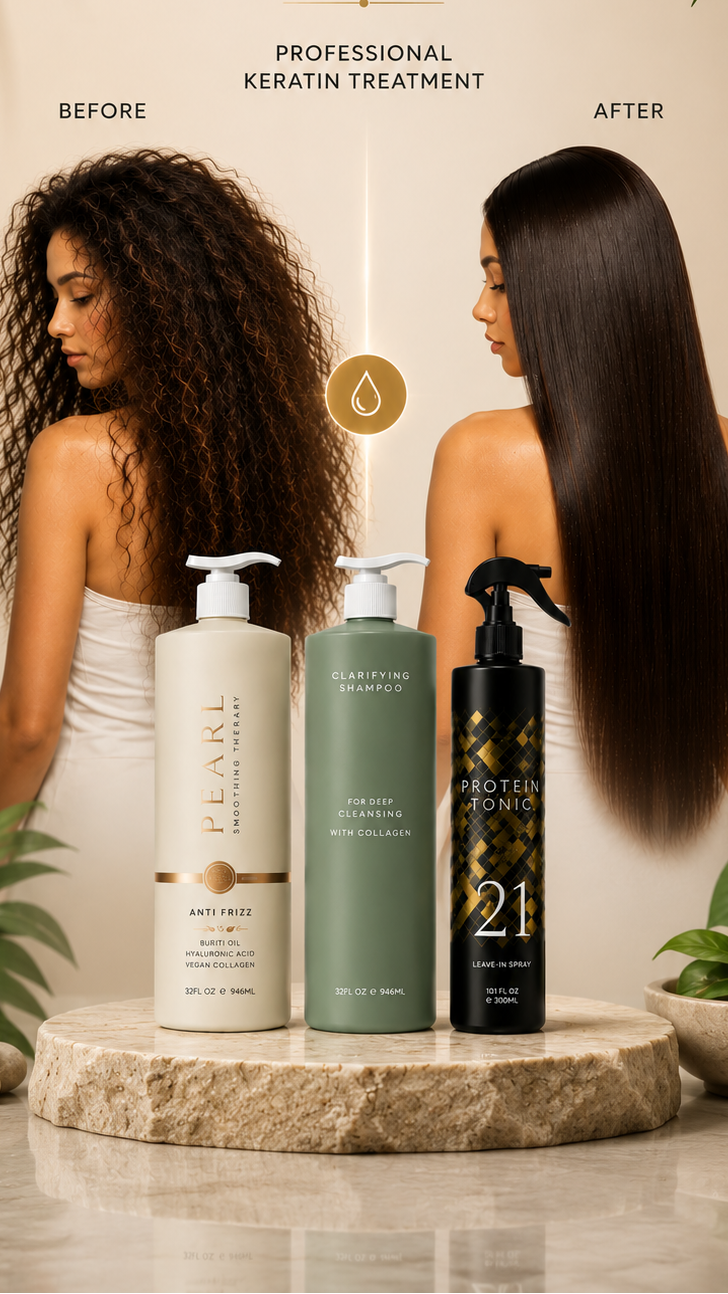 Three hair care bottles and a spray bottle displayed on a stone pedestal in front of a before-and-after hair transformation scene. The left figure has curly hair, the right figure has straight, long hair, with text reading 'SMOOTHER.